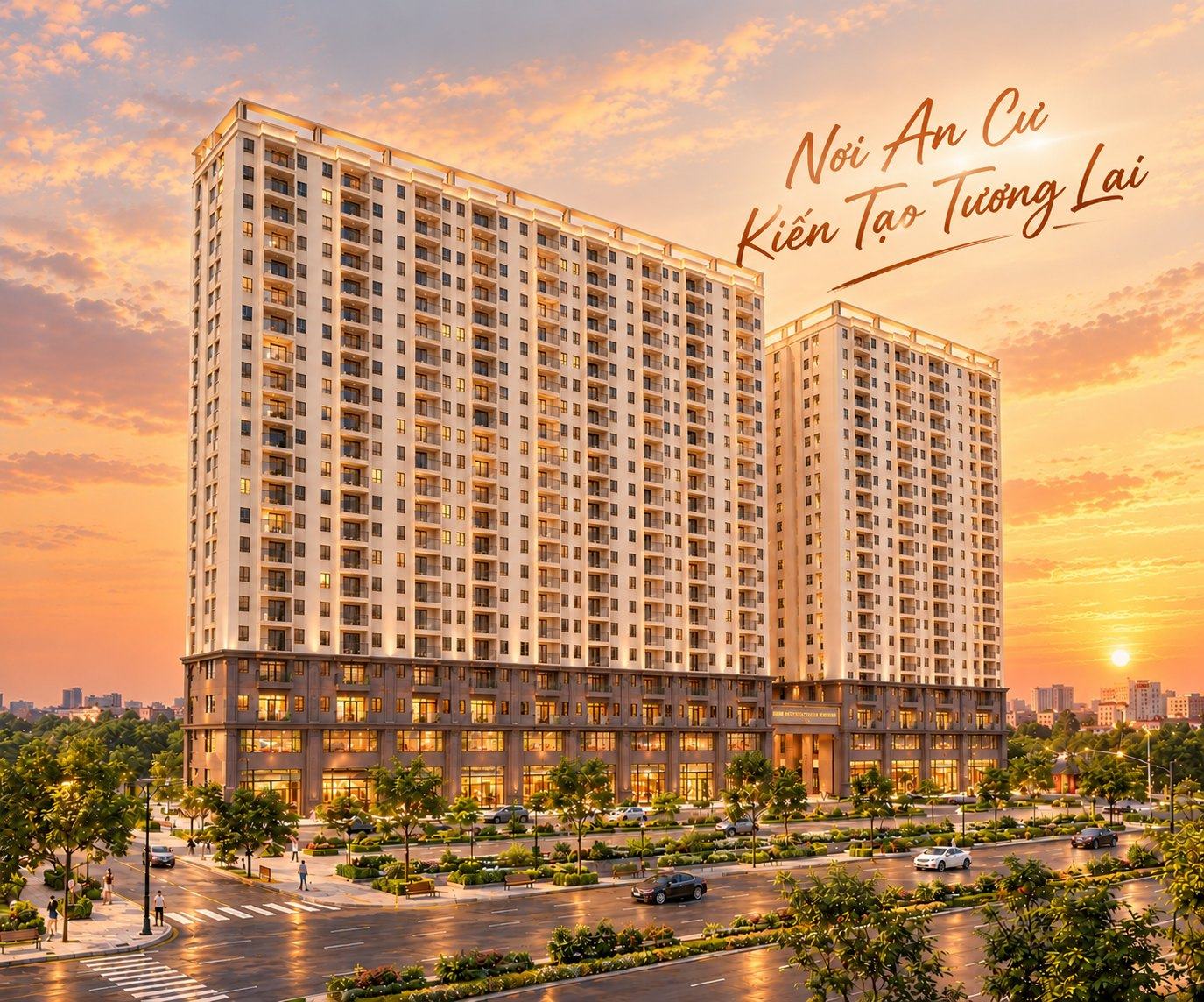 Phối cảnh hai tòa nhà STOWN Phượng Mao lúc hoàng hôn. Nơi an cư kiến tạo tương lai